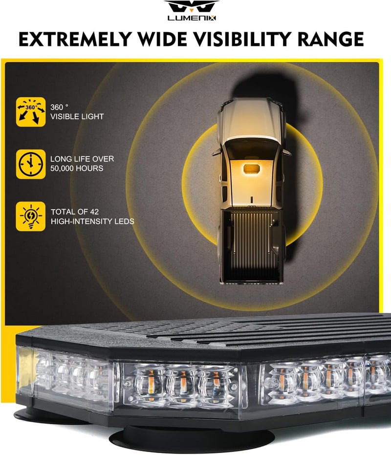 LUMENIX Amber 42 LED Rooftop Strobe Beacon Lights Magnetic Emergency Warning Traffic Flashing Light Bar for Construction Vehicles Snowplow Trucks Mail Postal (American Flag Pattern | Patented Design) - Image 3